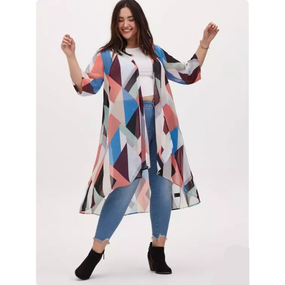 Torrid‎ Geometric Mosaic Chiffon Kimono Multicolor Open Front Size 1/2 13206142